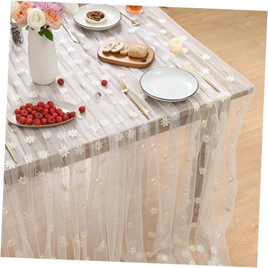 Embroidery Daisy Spring Summer Gauze Tablecloth 60"×84" (Rectangular) White