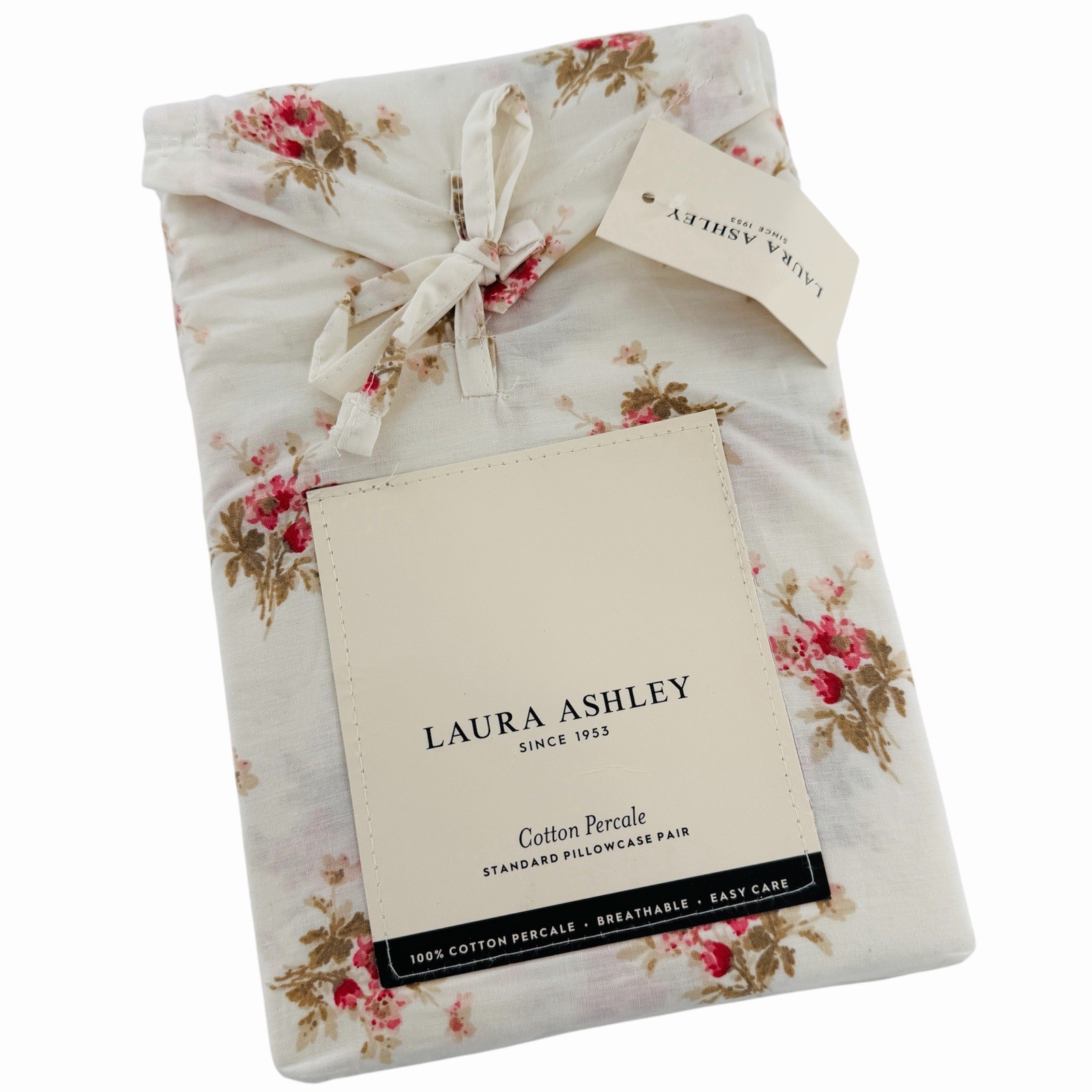 Laura Ashley Dorrie Pink Standard Cotton Percale Pillowcase Floral Cottage Set 2