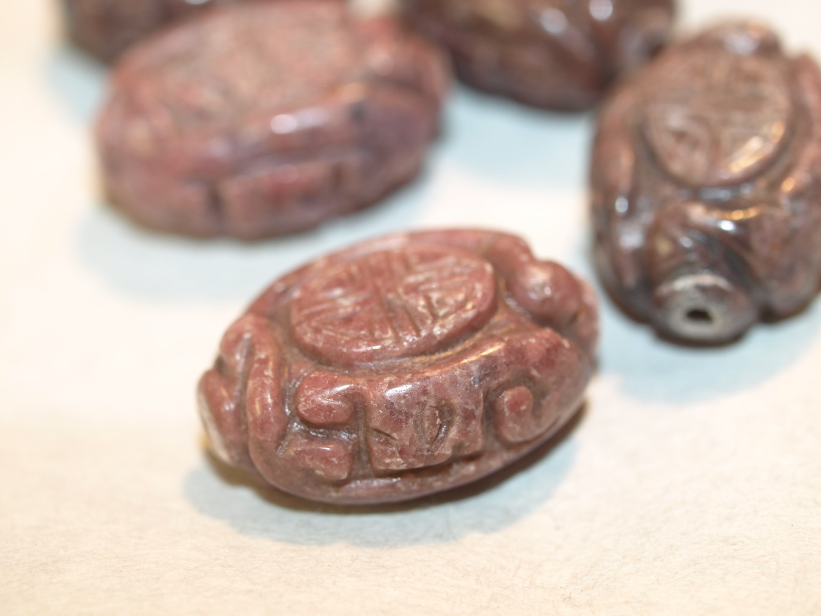 Vintage Carved Chinese Bead Rhodonite Shou Design 25mm x 18mm x 10mm Flat Oval