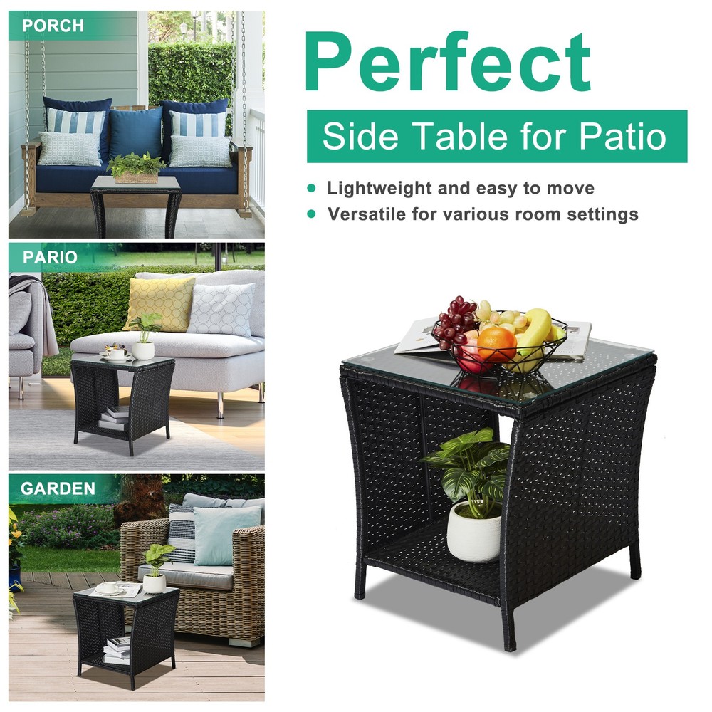 Outdoor Patio Wicker Side Table, Square End Table Bistro Coffee Table