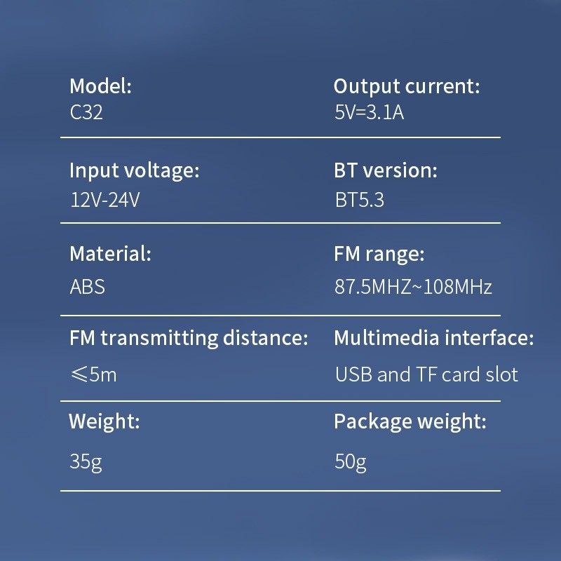 C32 Bluetooth Car FM Transmitter MP3 Player TF Card Slot Car Charger