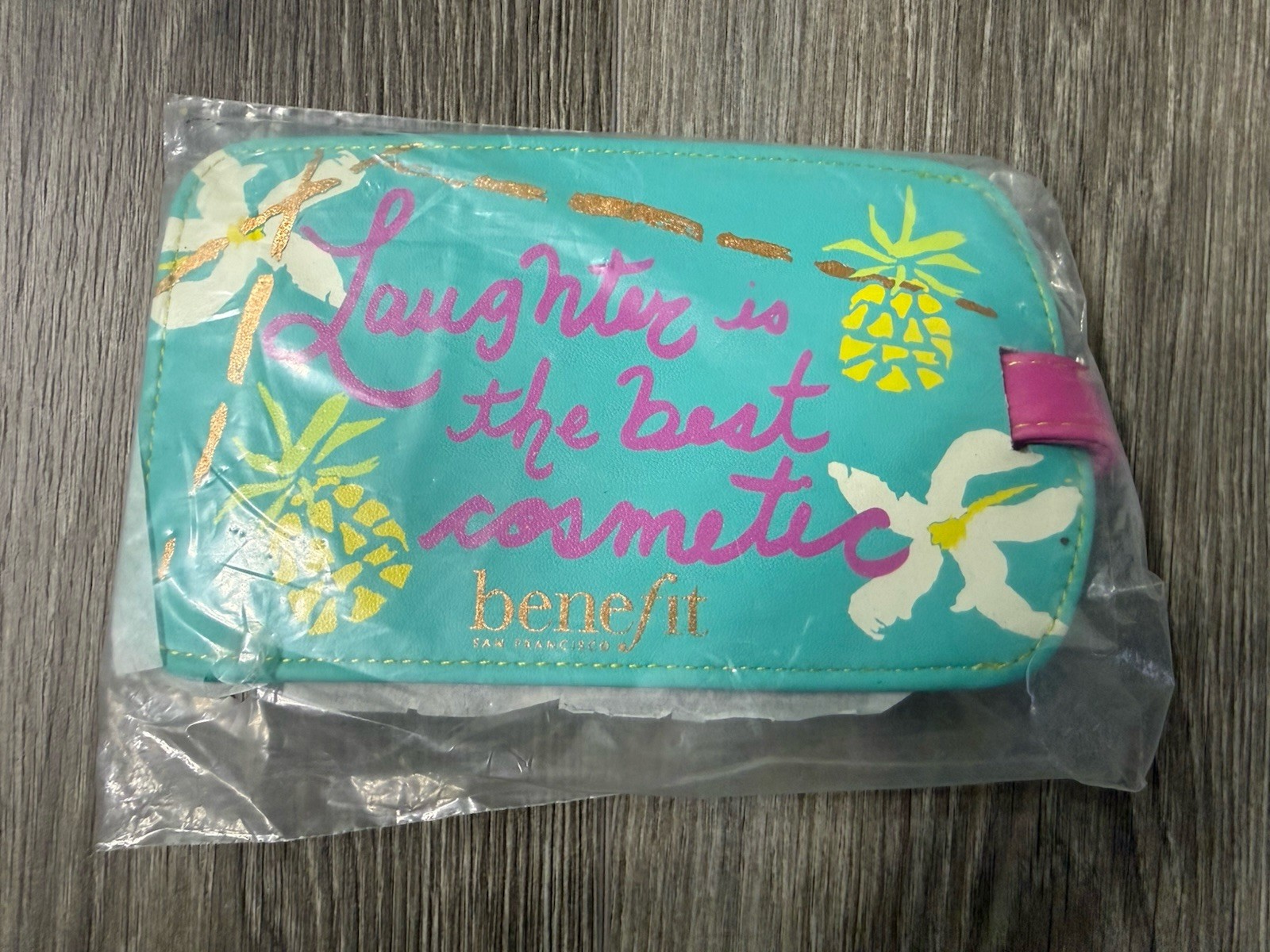 Benefit Luggage Tag Laughter is the Best Cosmetic Tropical Pink Blue NIB