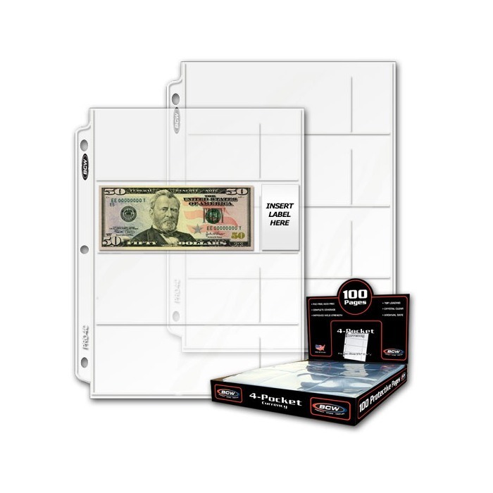 50 - 2 3/4 x 6 1/2 Currency Dollar Page Protector 4 pockets per page  BCW Pro4C