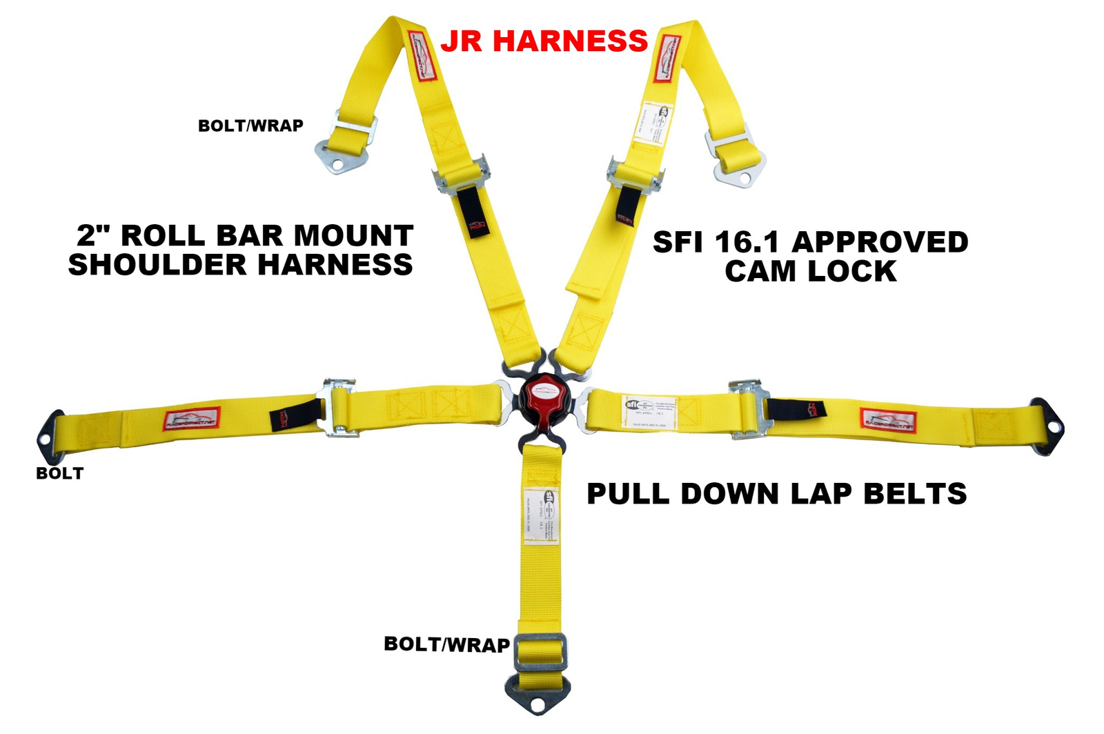 JR RACING HARNESS SFI 16.1 5 POINT CAM LOCK ROLL BAR MOUNT 2" SEAT BELT YELLOW