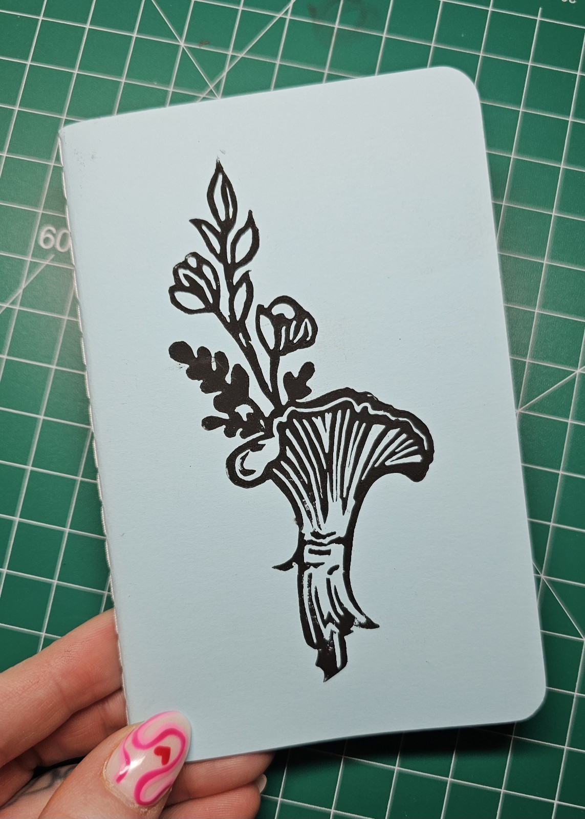 Pocket Journal | Sketchbook 5.5x35" Floral/Mushroom Stamped Hand Cut Linoleum
