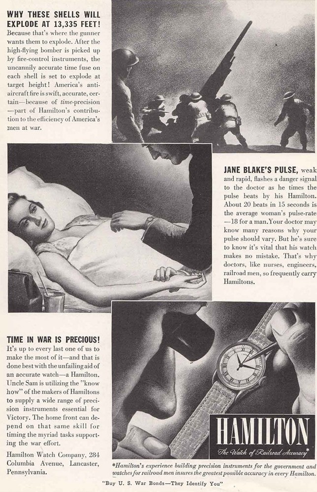 1942 Hamilton Watch: Time in War Shells Will Explode Vintage Print Ad