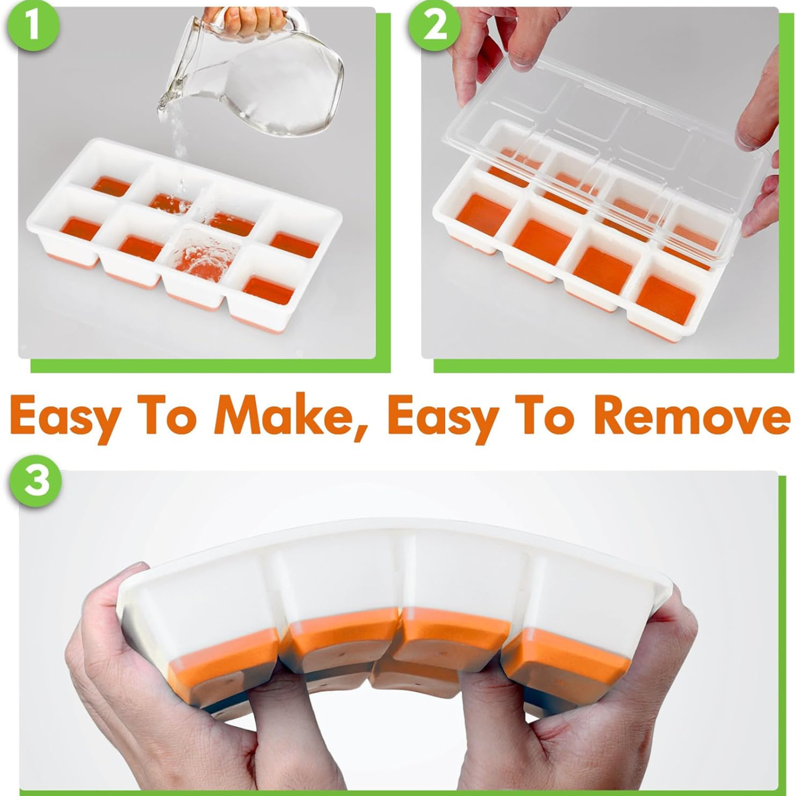 2pcs Large Ice Cube Tray with Lid, Stackable Big Silicone Square Ice Cube Mold