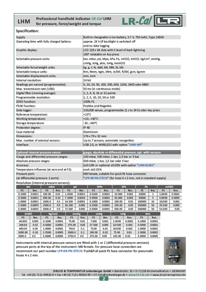 LR-Cal LHM DP Pressure & Torque Meter with Differential Pressure Sensor ±0.05%