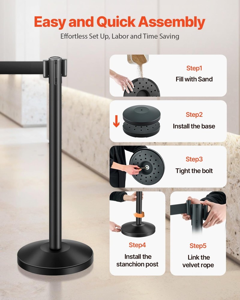 6 Pcs Crowd Control Stanchion Set ,with Retractable Belts Black Stanchions Queue