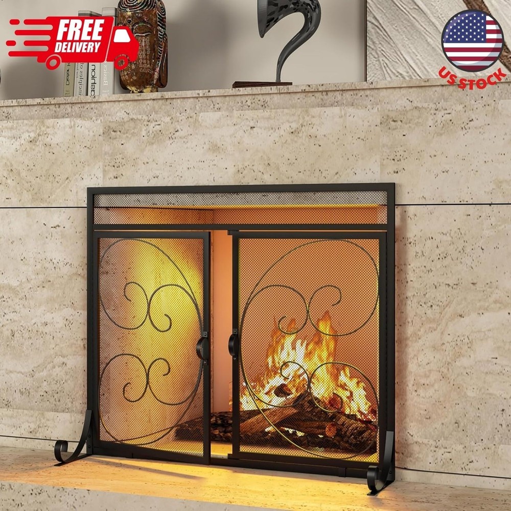 Flat Fireplace Screen with Hinged Doors Handcrafted Wrought Iron Classical
