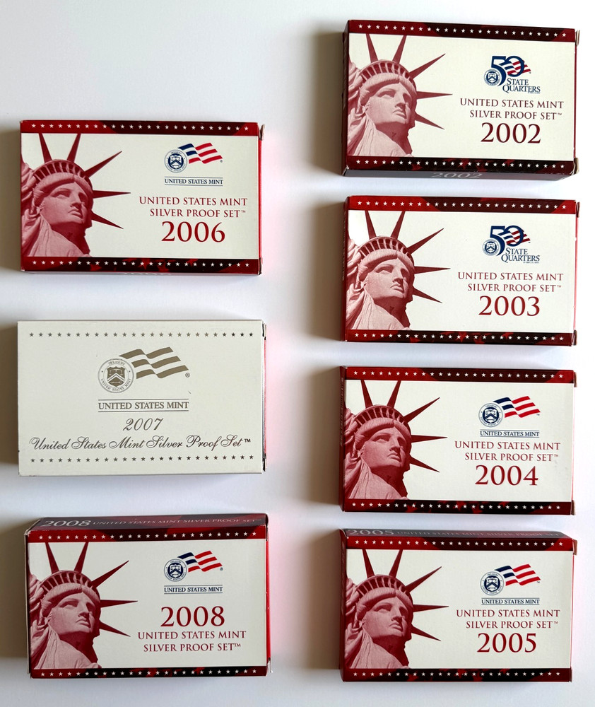 US Mint Silver Proof Set Complete Run 2002-2008 (7 Sets) OGP COA 90% Silver