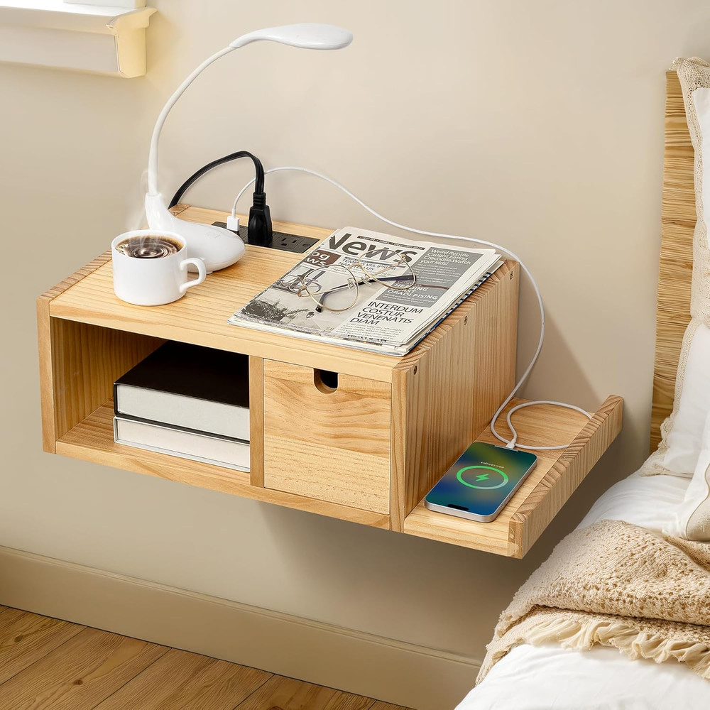 Modern Floating Nightstand with Charging Station & Drawer - Solid Wood Design