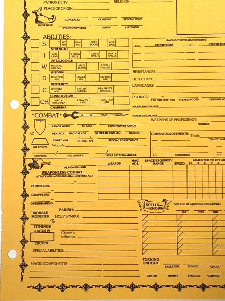 CLASSIC! AD&D Player Character Record Sheet (DRUID, CLERIC) UNUSED E1