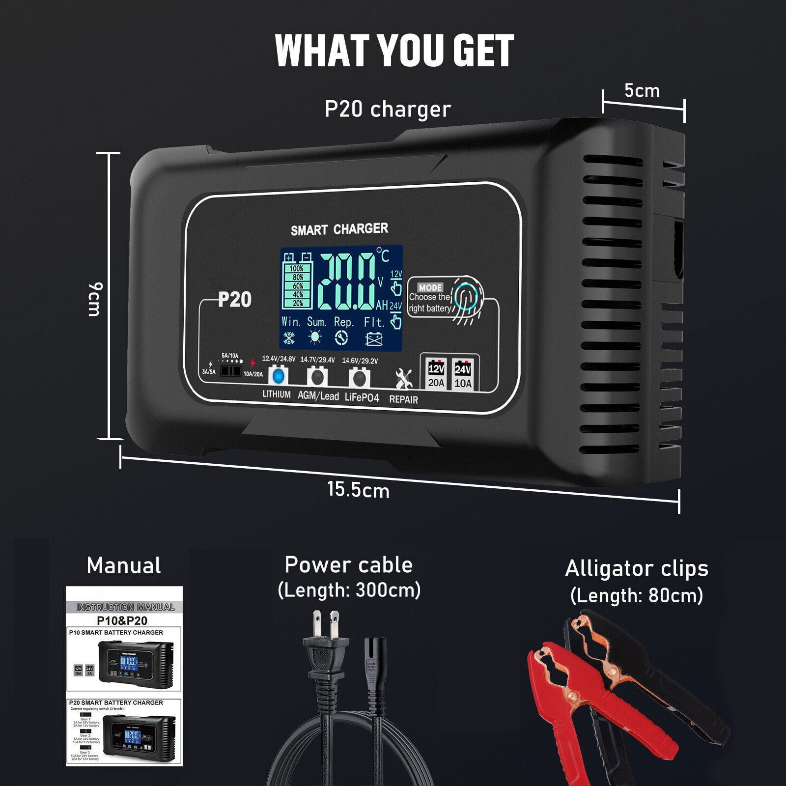 20A 12V/24V Lithium Battery Charger Automatic Maintainer, Trickle Charger Black