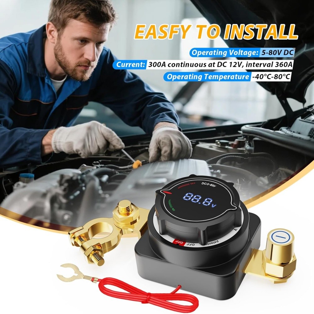 Battery Disconnect Switch, 5V-80V Side Post Battery Switch with Voltage Display