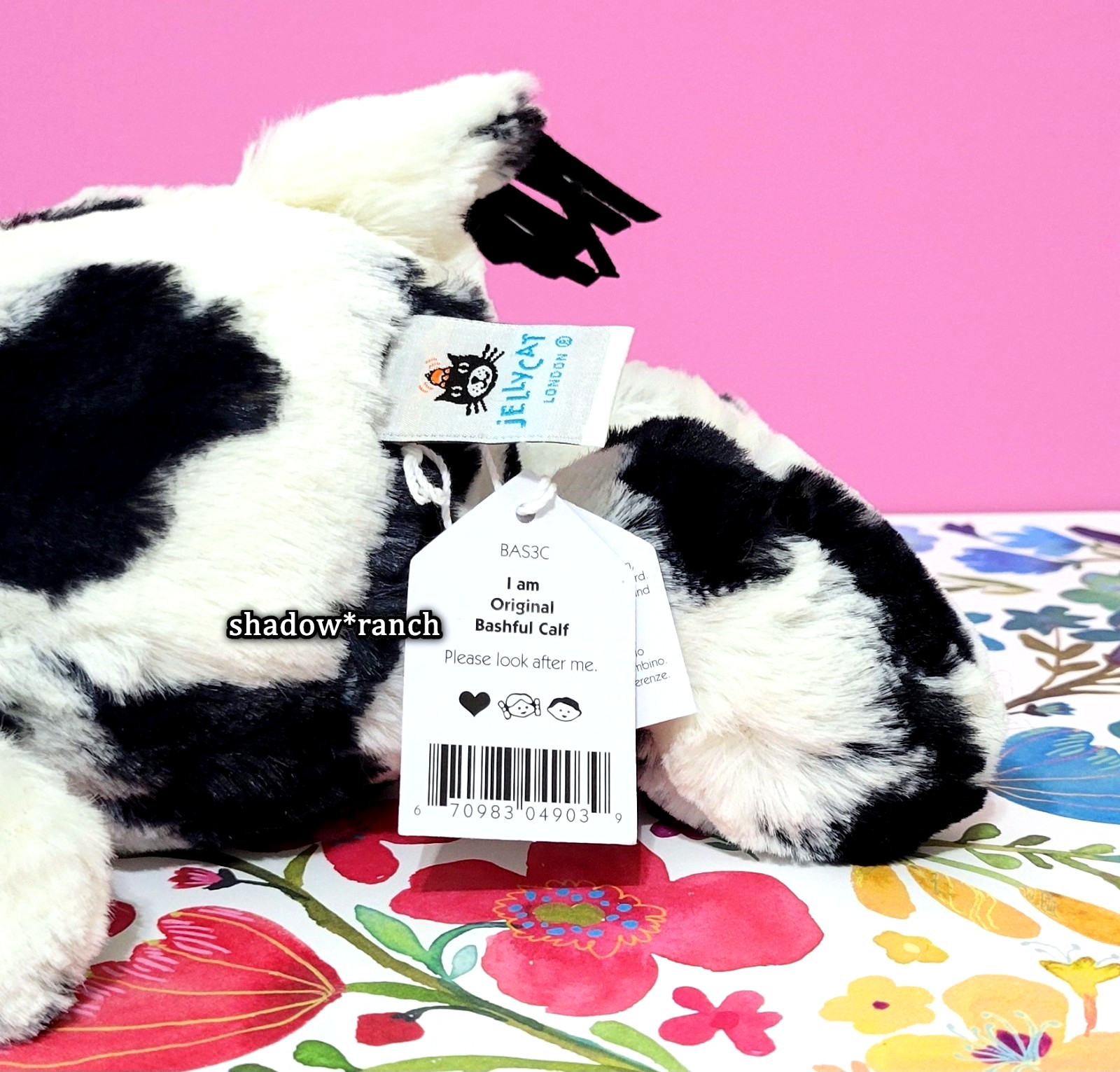 Jellycat BASHFUL CALF - Medium 12" - Authentic - Black White Cow - New with Tags