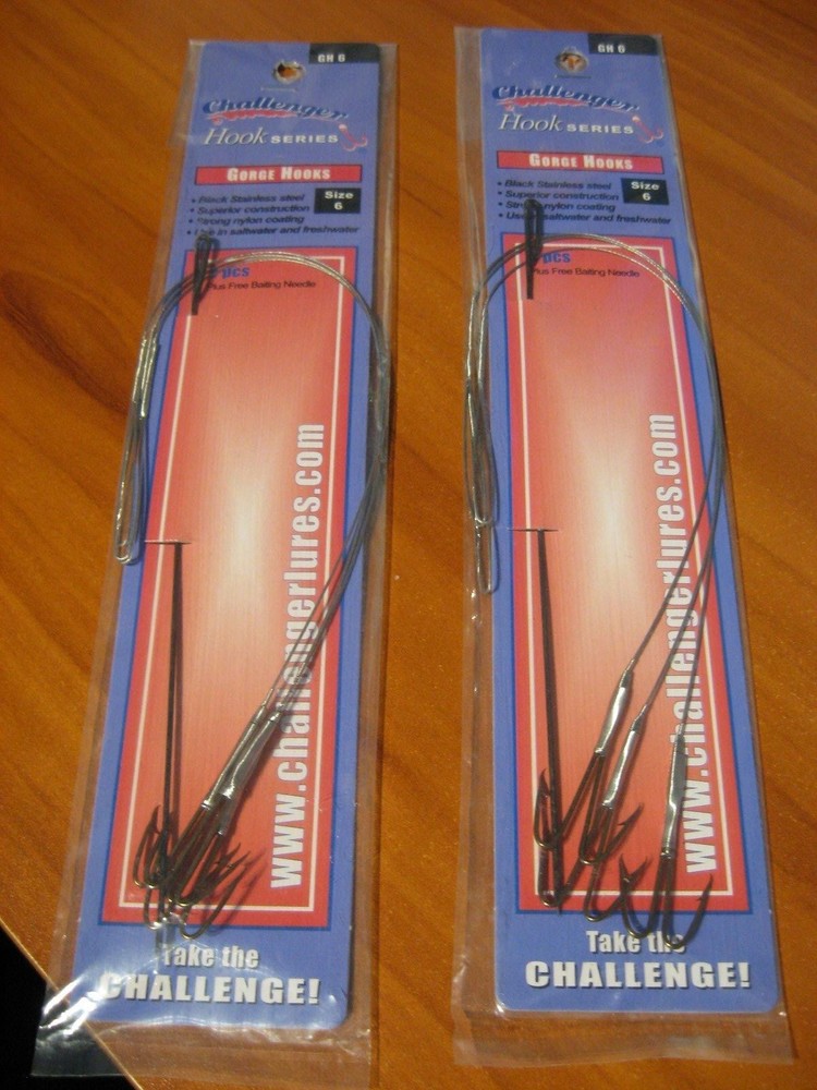 6 Wire Snelled Challenger Gorge Fish Hooks With Baiting Needle - Size 6