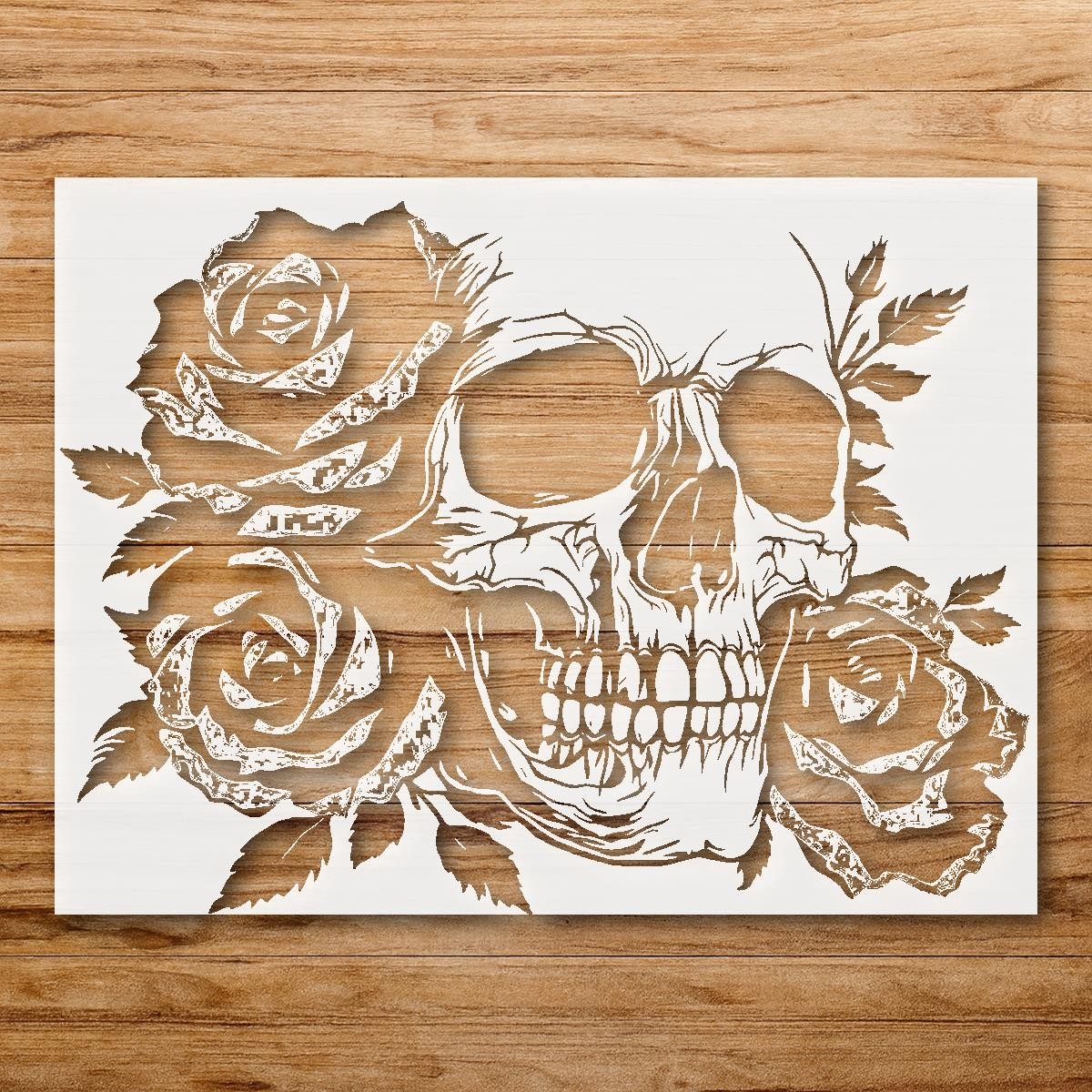 Skull with Roses Wall Art Reusable Plastic Stencil Physical Product - StencilAir