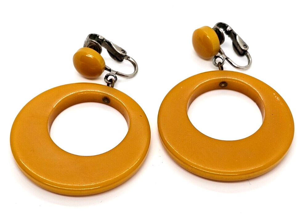 Excellent Butterscotch Bakelite Clip-On & Dangle Front Facing Hoop Earrings