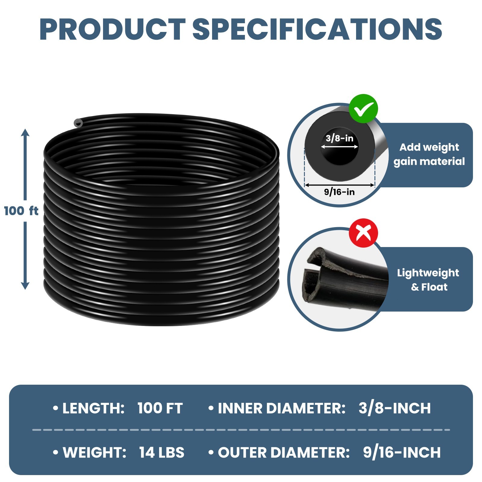 100/328/656ft Sinking Aeration Hose Weighted Pond Aerator Hose, Air Pump Tubing