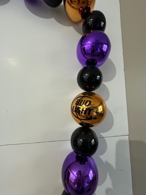 Jumbo Mardi Gras Bead Necklace Bud Light Branded Purple Black Gold 42 Inch