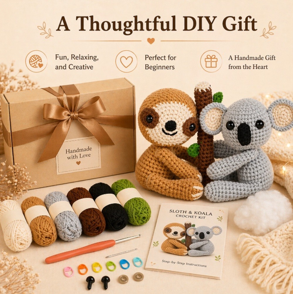 Sloth Koala Crochet Kit for Beginners Amigurumi DIY Set with Video Tutorial