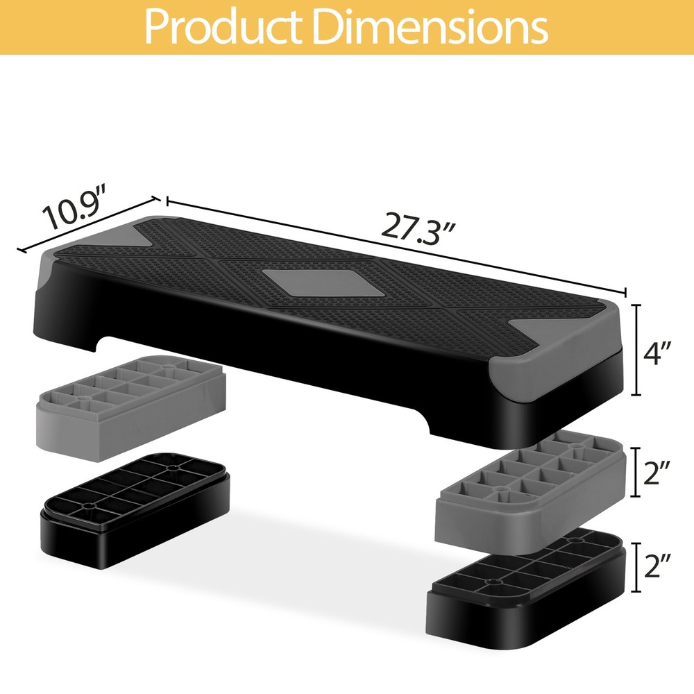 Aerobic Step Platform Exercise Step Adjustable Height 4"-6''-8' w/4 Risers Grey