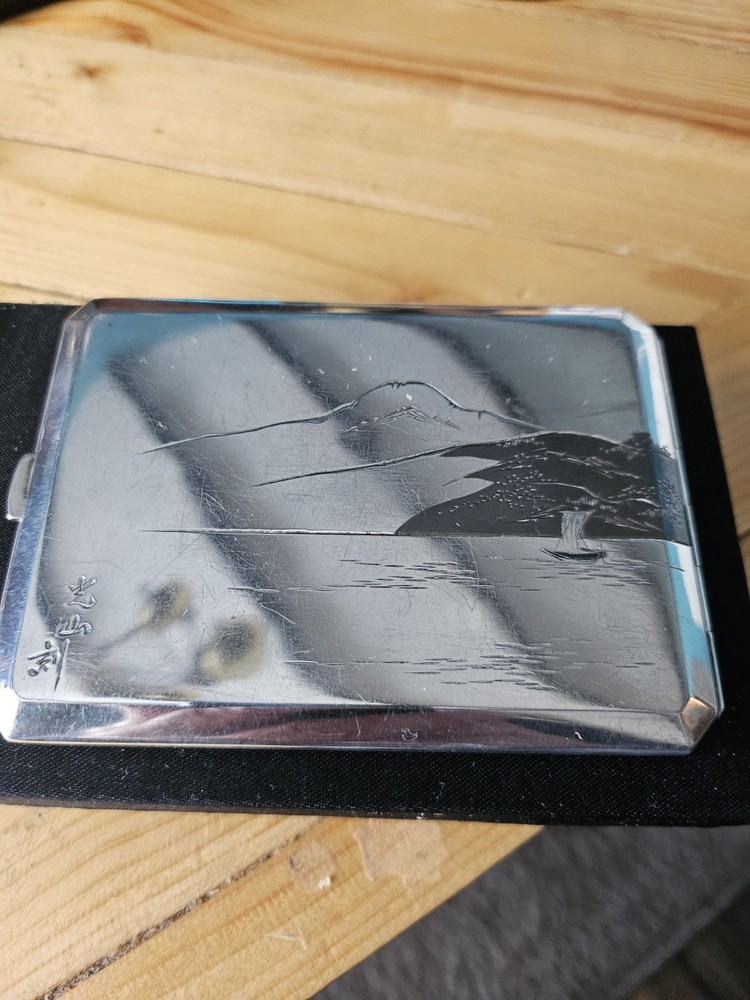 Beautiful 950 Solid Silver Japanese Niello Cigarette Case Signed & 950 Silver
