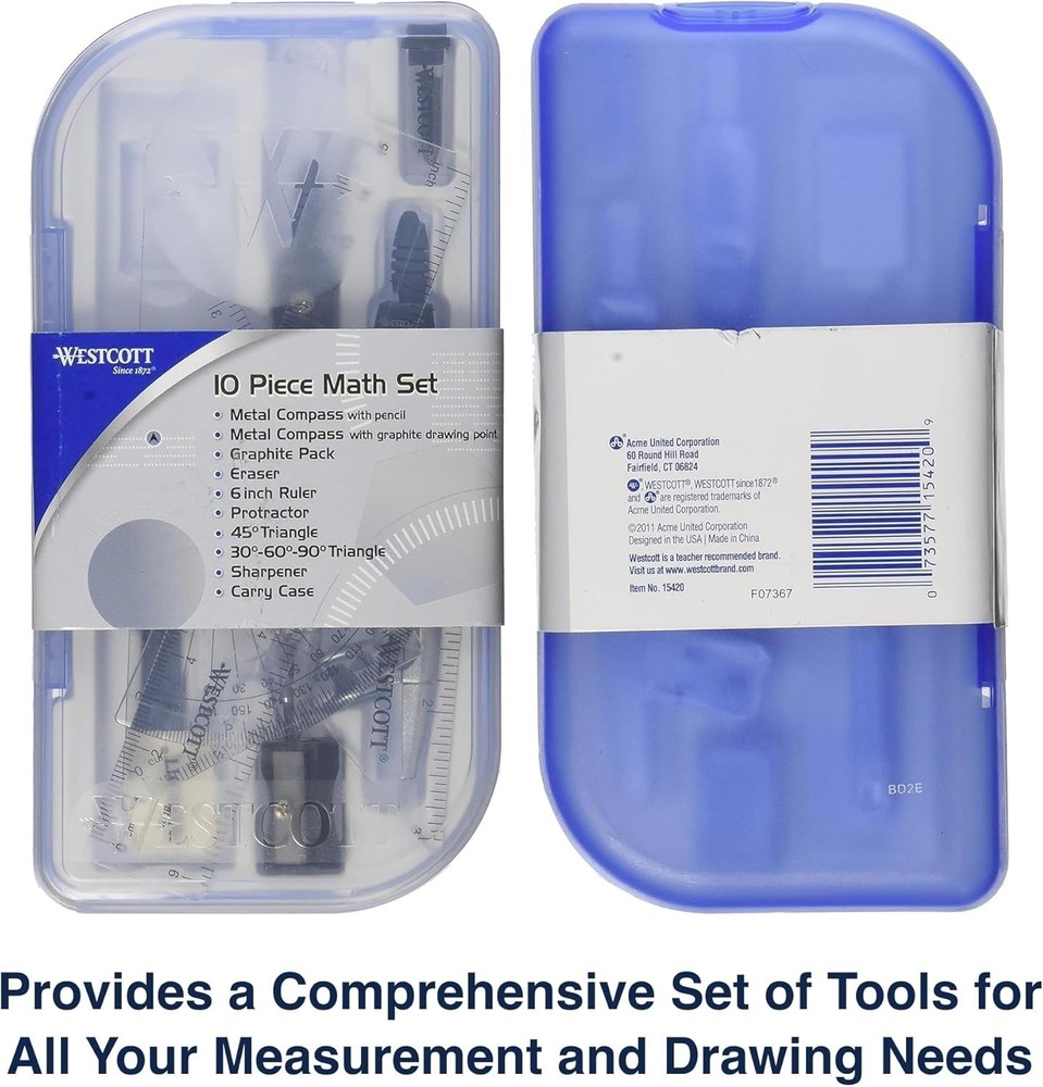 10-Piece Math Set for Students, Includes 2 Compasses, Protractor & Ruler, Bac...