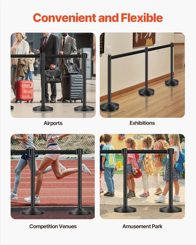 6 Pcs Crowd Control Stanchion Set ,with Retractable Belts Black Stanchions Queue