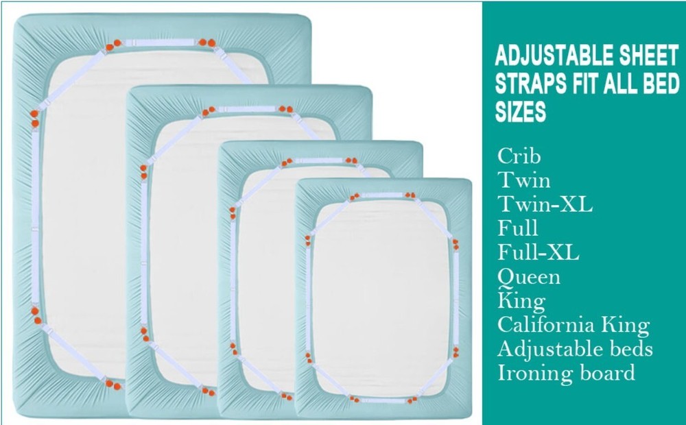 Tuyeabc Bed Sheet Straps, 4 PCS/16 Clips Fitted Sheet Straps, Adjustable Elastic