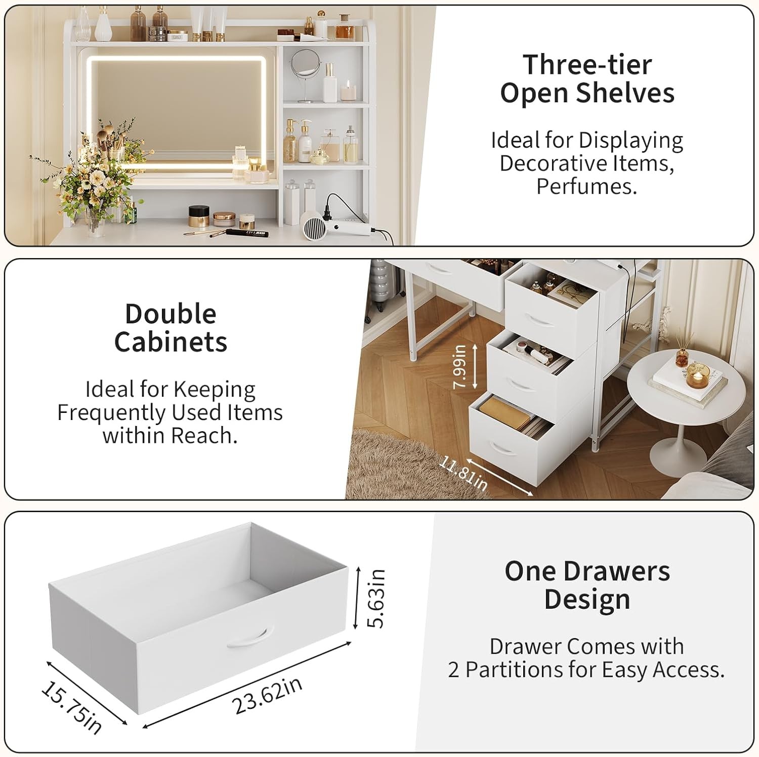 Modern Makeup Vanity for Girls: 35.4" Desk W/ Mirror & 4 Fabric Storage Drawers