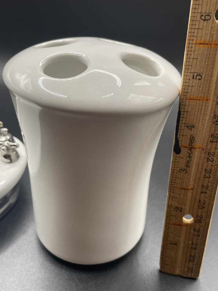 2 pc Set- Ceramic Toothbrush & Soap Dish/ White Bathroom Decor.