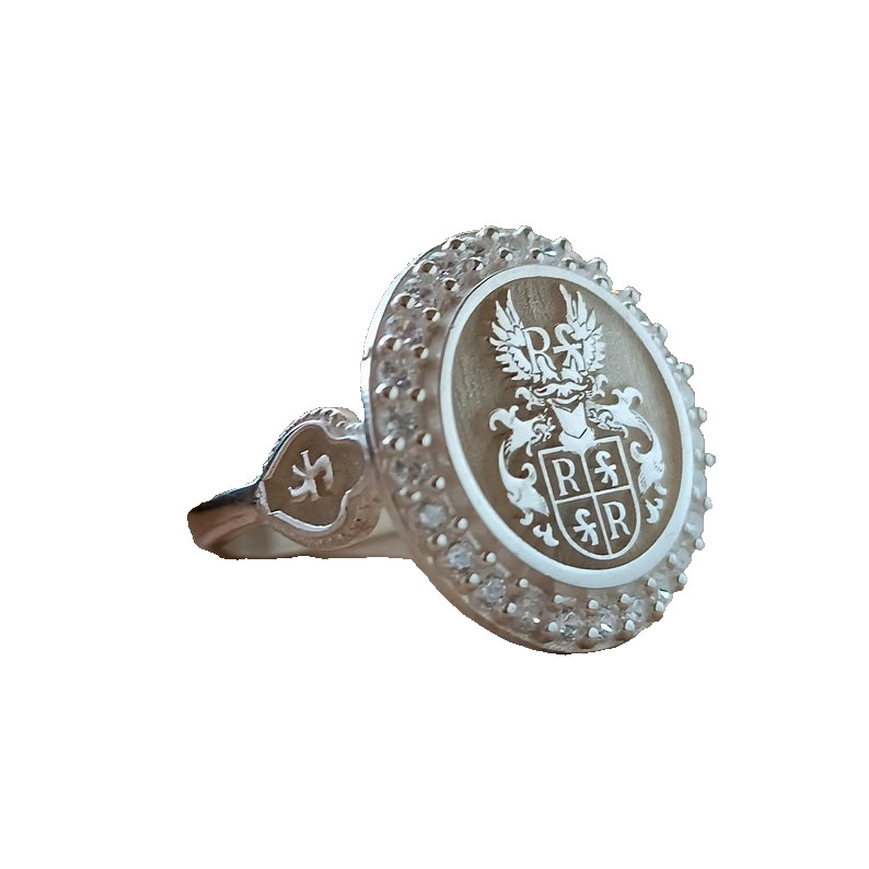 Custom Family Crest Signet Ring Sterling Silver with CZ Border Personalized Jewe