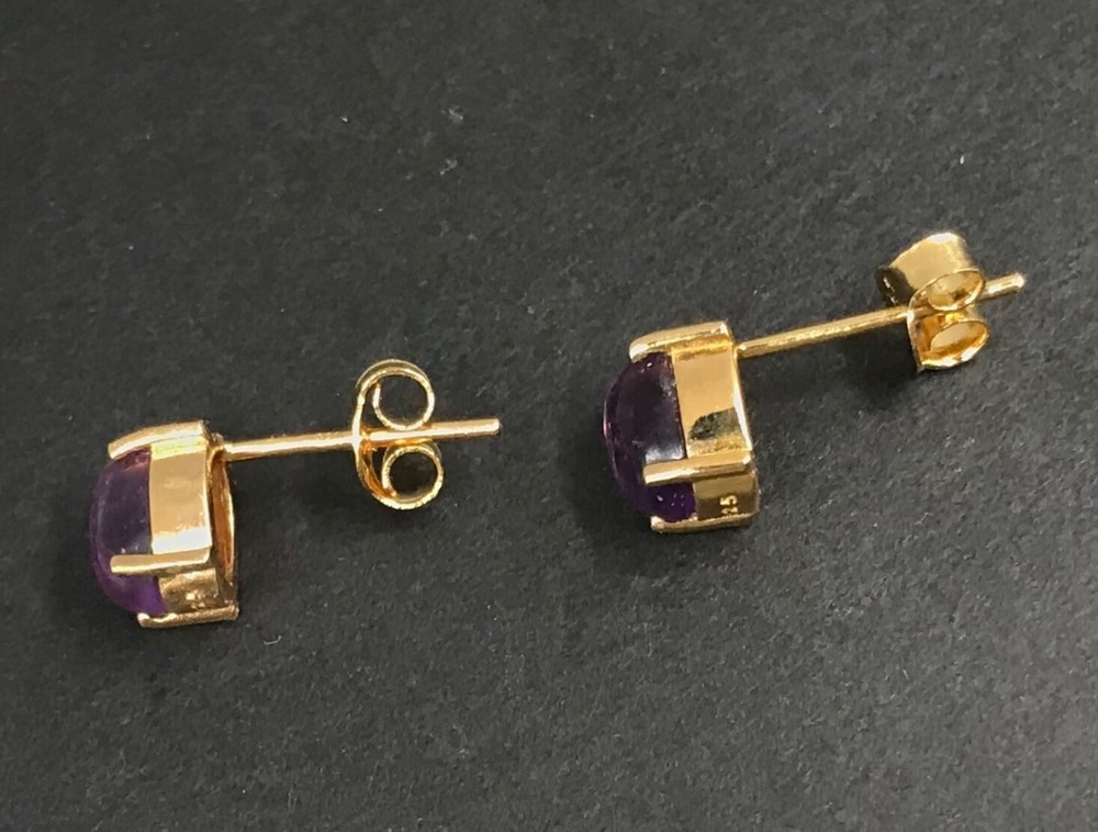 Amethyst cabochon set, stud earrings, pendant, gold on solid sterling silver.