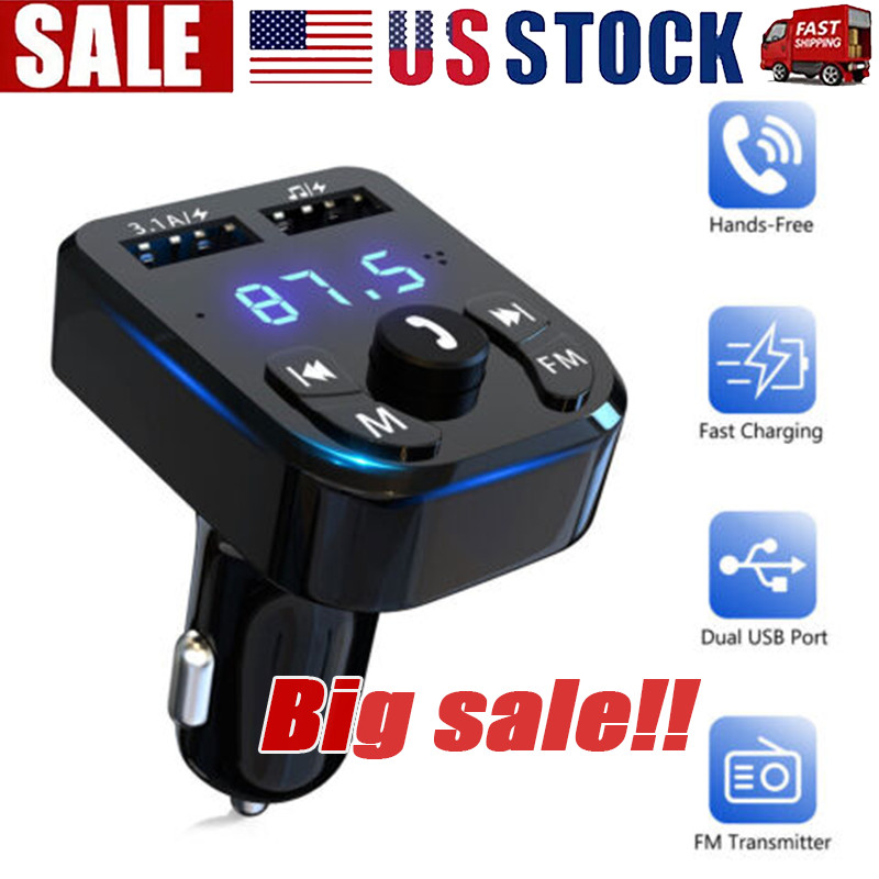 Bluetooth 5.0 Car Wireless FM Transmitter Adapter 2USB PD Charger AUX Hands-Free