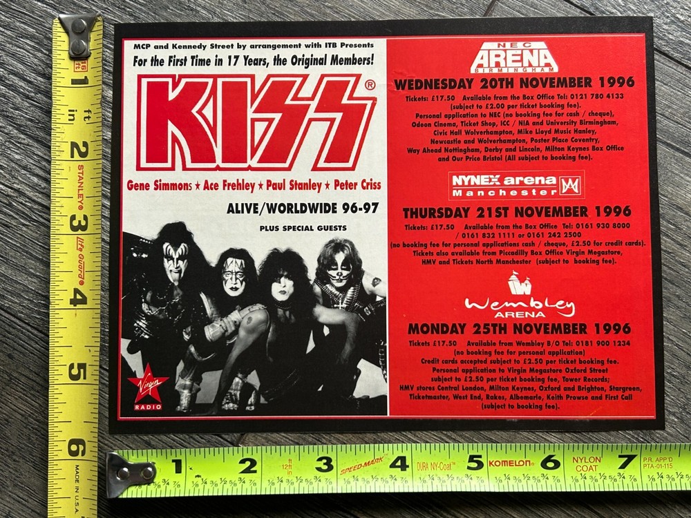 KISS Concert Ad Advert Reunion Tour Wembley NEC NYNEX Arena UK 1996 Vintage Kiss