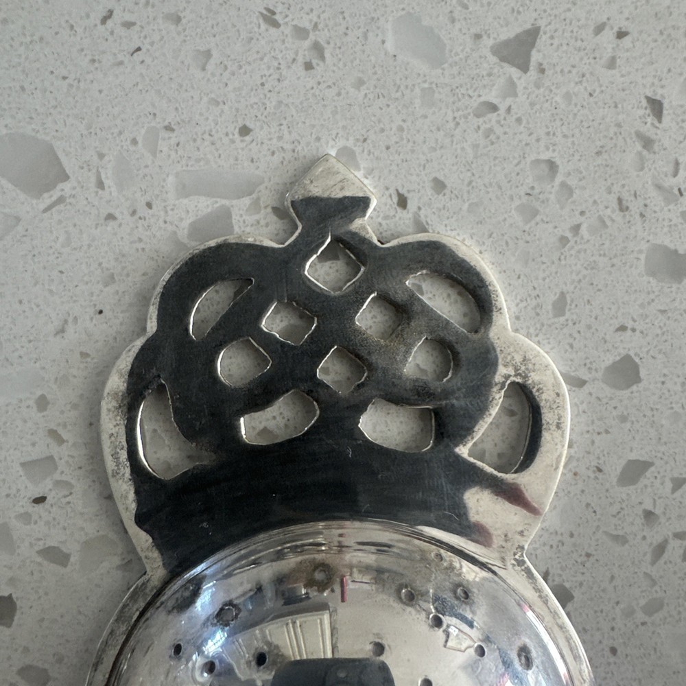 Antique Silver Plated Tea Strainer With Handle - Crown Design 6”