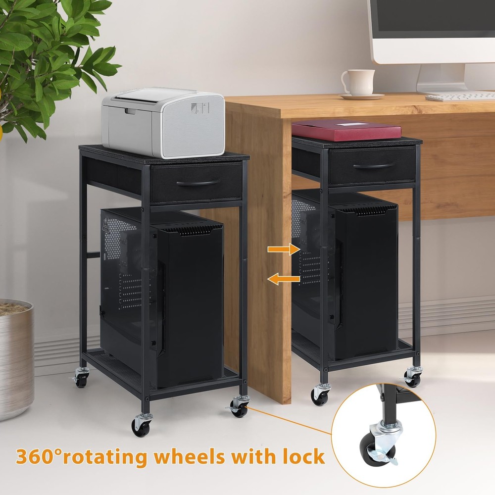 YBING PC Stand 2 Tier Computer Tower with Drawer Mobile Black