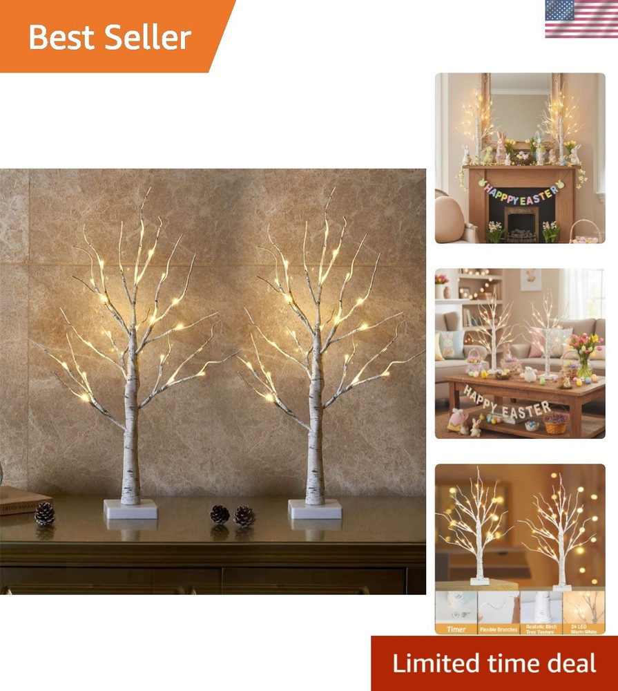 Lighted Birch Tree Easter Decorations for Home, 2Pack 24 LED Battery Operated/US
