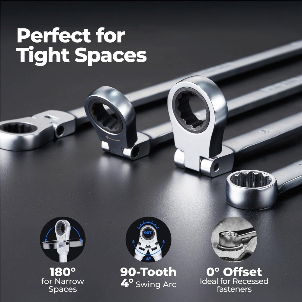 Extra Long Ratcheting Wrench Set, Flex Head & Fixed Offset Head Double Box