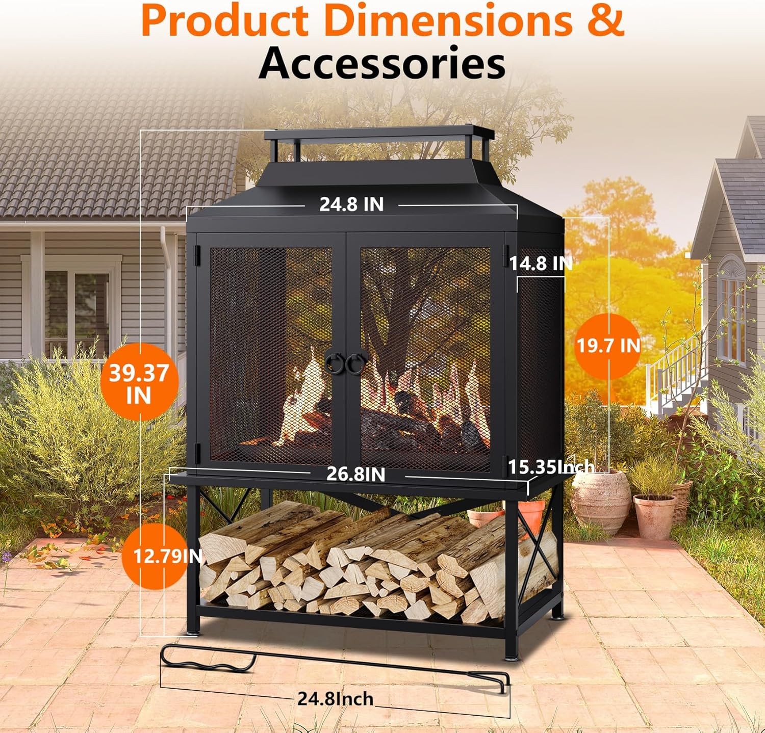 2-in-1 Metal Chiminea Fireplace with Grill with Wood Storage & Chimney for Yards
