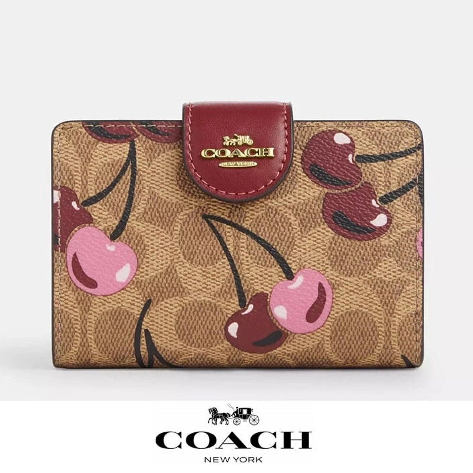 Coach Med Corner Zip Wallet Clutch CZ342 Brown Signature Canvas Cherry Print