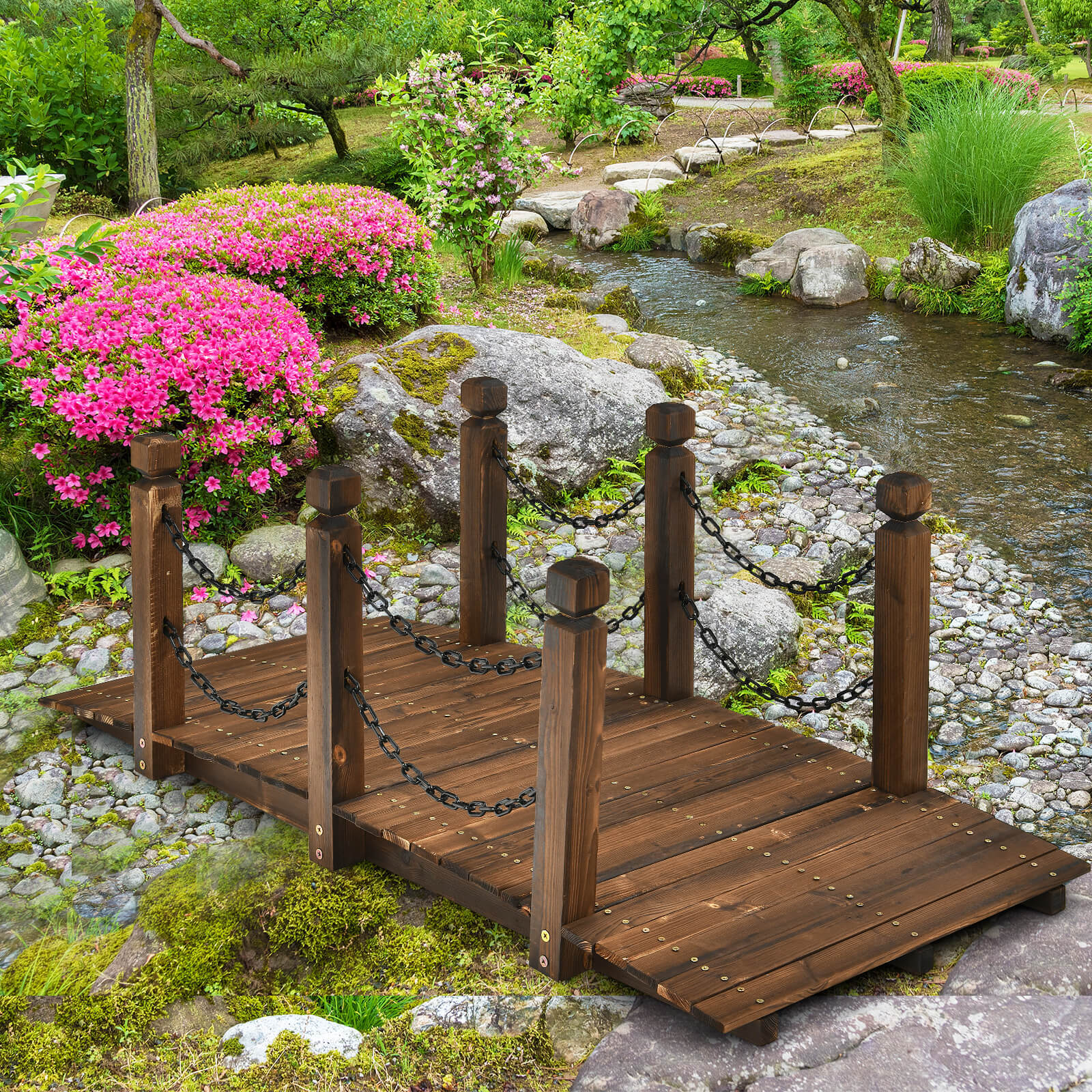 Patiojoy 5 ft Wooden Garden Bridge Arc Footbridge Stained Wood Finish Walkway