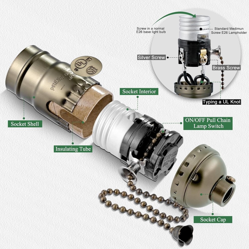 Pull Chain Light Socket Replacement,E26 Standard Screw Lamp Socket,Bulb Socket w