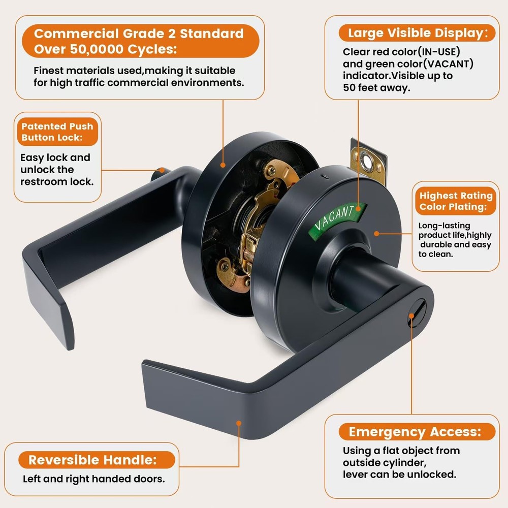 Push Button Locking Vacant Occupied Bathroom Door Handle with Indicator Sign,...