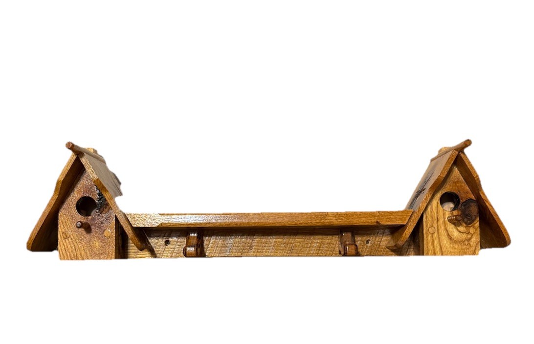 Handmade Double Birdhouse Shelf / Coat rack Carved Wood Hooks Vintage