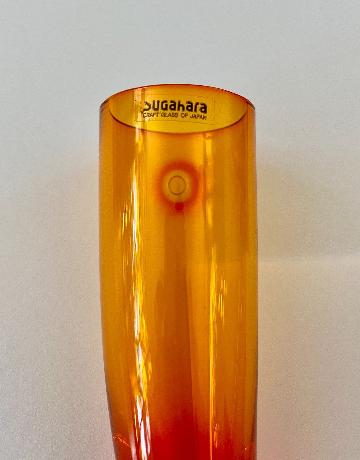 Vintage Sugahara Art Glass Wall Hanging Horn Vase Orange Japan NOS Box