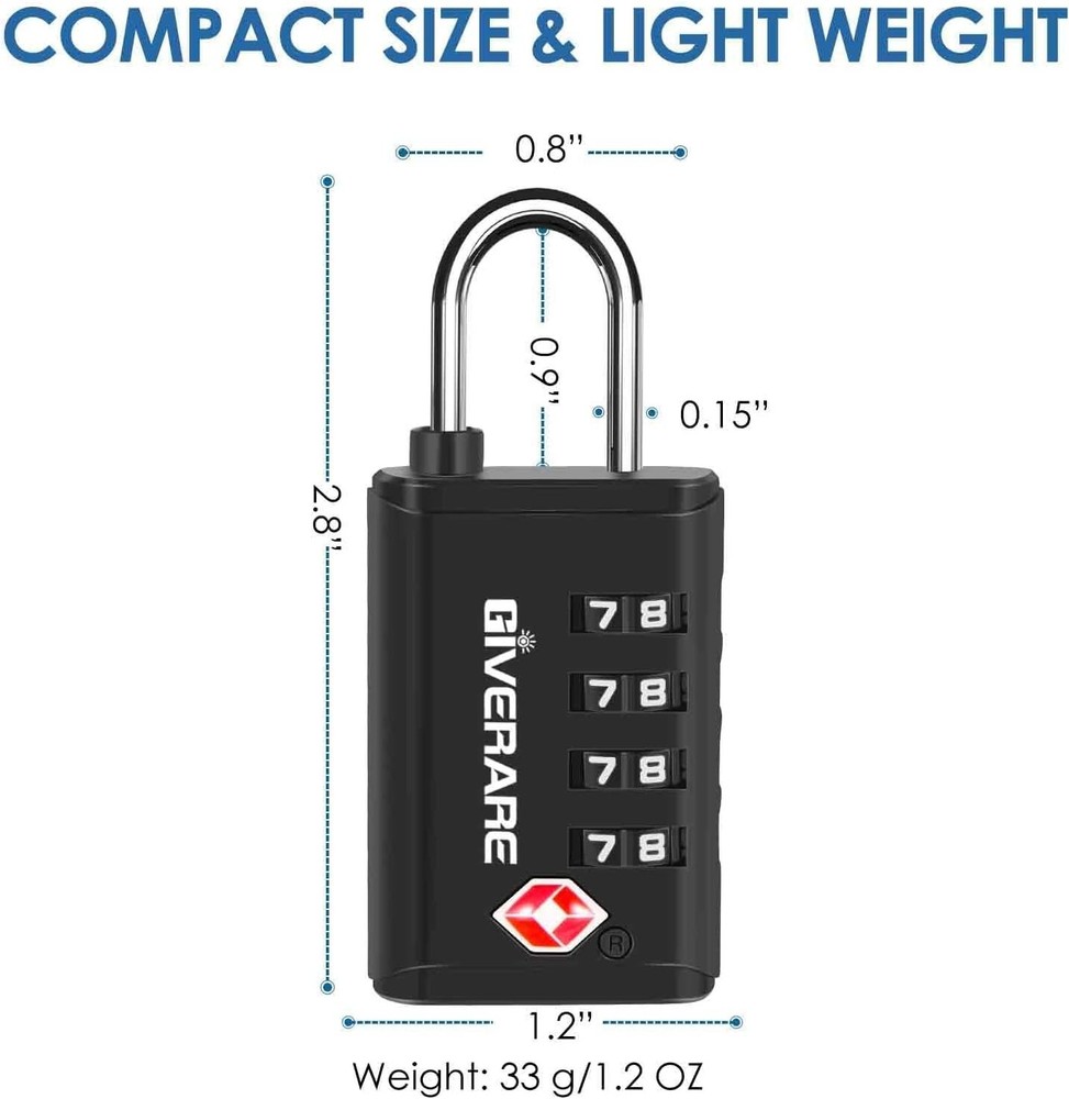 4-Pack TSA Approved Luggage Locks 4-Digit Combo, Open Alert Indicator, Black Set
