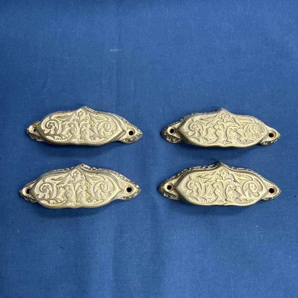 4 Victorian Style Brass Apothecary Bin Pulls Handles NOS